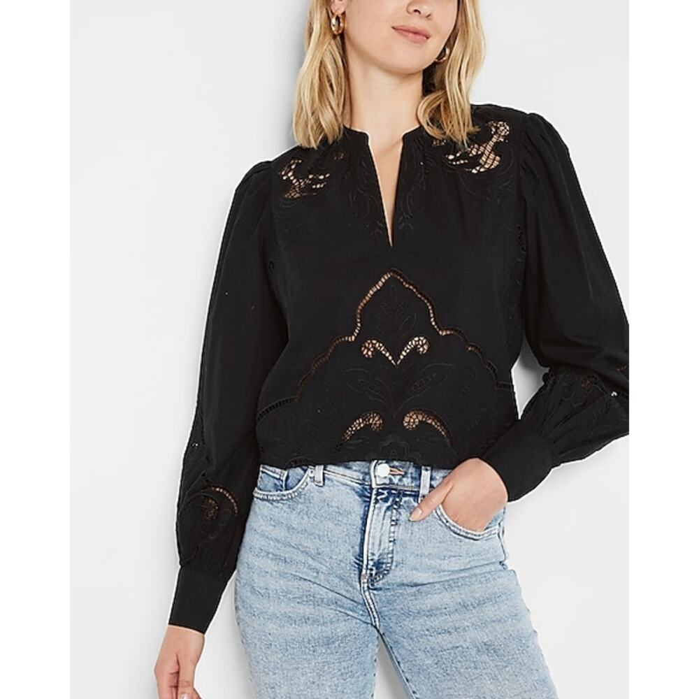 NEW Express Eyelet Embroidered Black Long Sleeve Top - Medium